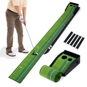 Indoor Golf Putting Mat with Ball Return Track 2 Hole Sizes Distance Markings 3 Balls Included