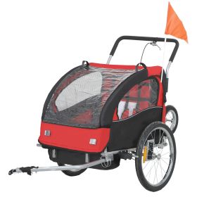 2-in-1 Bike Trailer for Kids, Foldable 2-Seat Baby Stroller with 5-Point Harness, Rubber Wheels, Storage Bag, Red